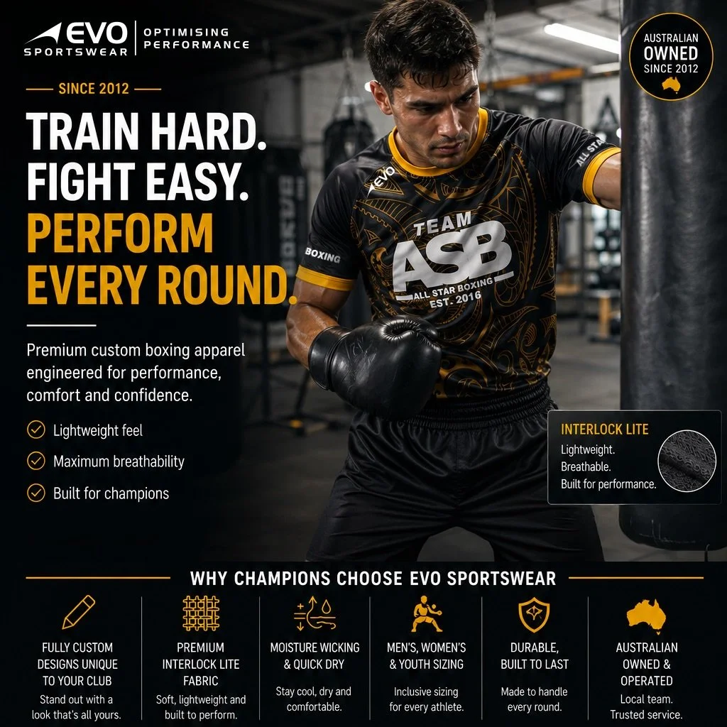 👌🏼 Built for the fight. Designed to perform. 🥊

Custom boxing apparel engineered for every round &mdash; lightweight, breathable and built to last. From fully custom designs to performance-driven fabrics, EVO Sportswear has your team covered.

Tra