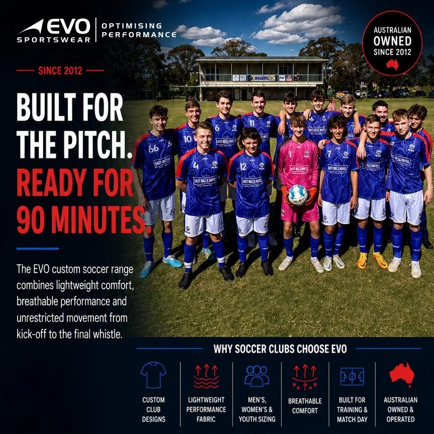👌🏼 Built for the pitch. Ready for every minute. ⚽️

Lightweight, breathable and made to move &mdash; EVO custom soccer kits are designed to perform from kick-off to the final whistle.

Custom designs. Club colours. Built for your team.

⚡ Optimisin