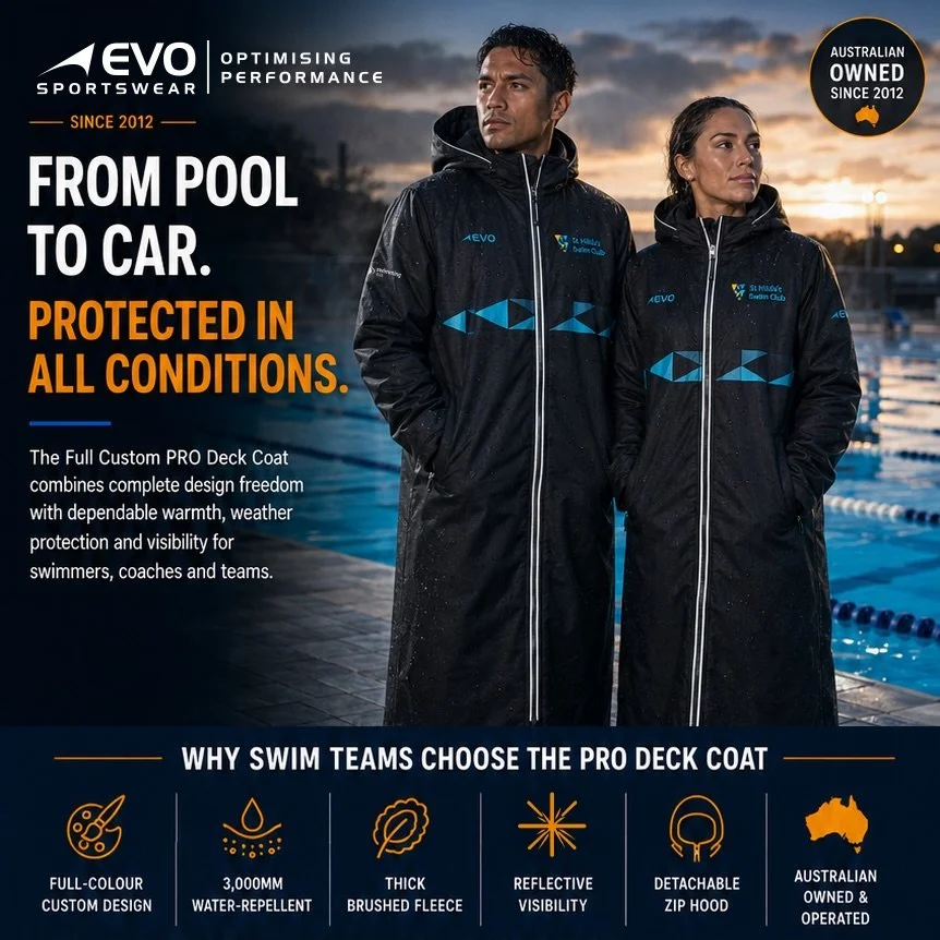 👌🏼 Built for the pool deck. Ready for every condition. 🌧️🏊

The EVO Sportswear Full Custom PRO Deck Coat delivers warmth, weather protection and complete custom design freedom&mdash;keeping swimmers, coaches and teams protected from pool to car.
