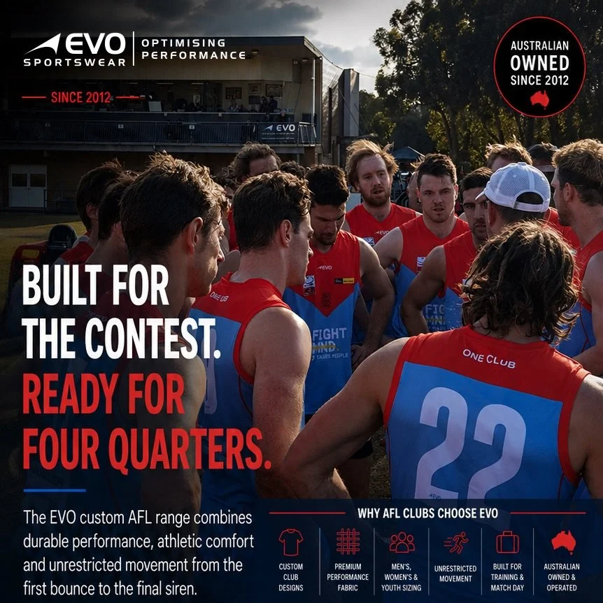 👌🏼 Built for the contest. Ready for four quarters. 🏉

Custom AFL teamwear engineered for durability, comfort and unrestricted movement &mdash; from the first bounce to the final siren.

Your club. Your colours. Your game.
Custom made by EVO Sports