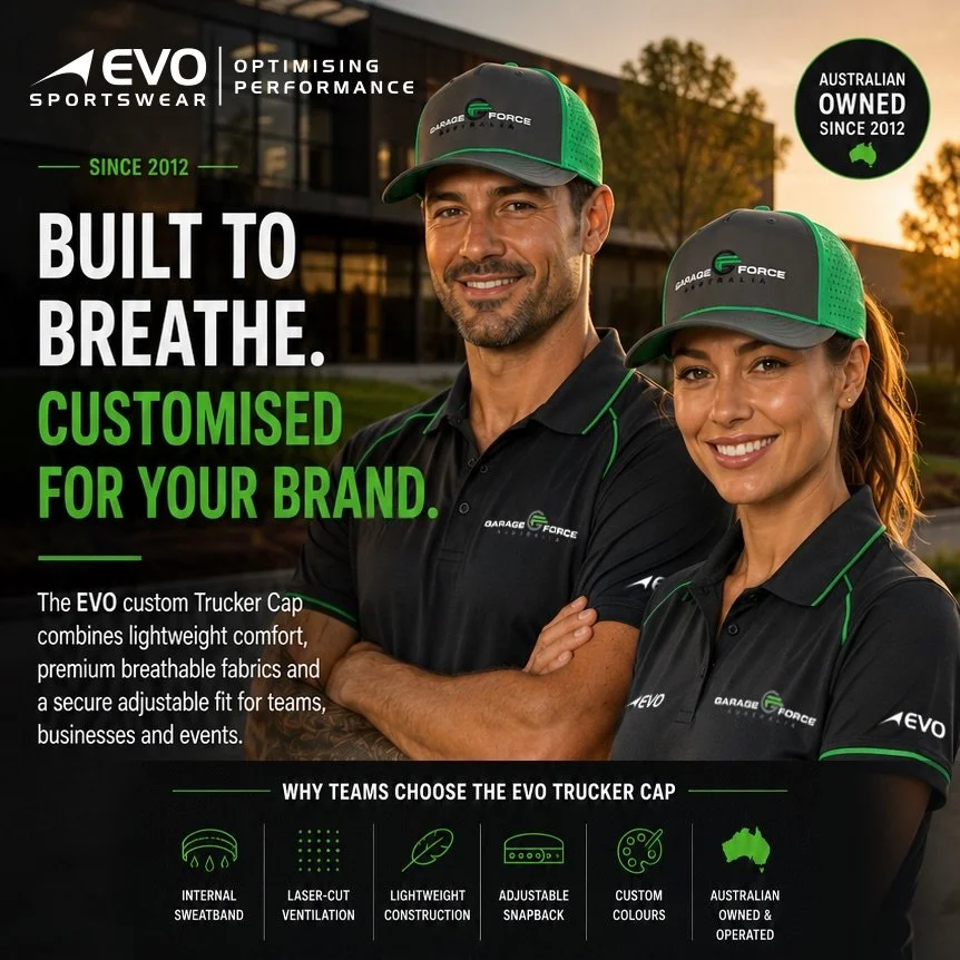 👌🏼 Built to breathe. Made to represent your brand. 🧢

The EVO Custom Trucker Cap combines lightweight comfort, laser-cut ventilation and a fully customisable design &mdash; made for teams, businesses and events that want to stand out.

Your colour