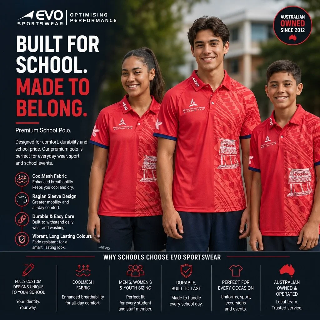 👌🏼 Built for school. Made to belong. 🎓

Premium custom schoolwear designed for comfort, durability and everyday performance. From the classroom to the sports field, EVO Sportswear delivers fully custom designs that represent your school with pride