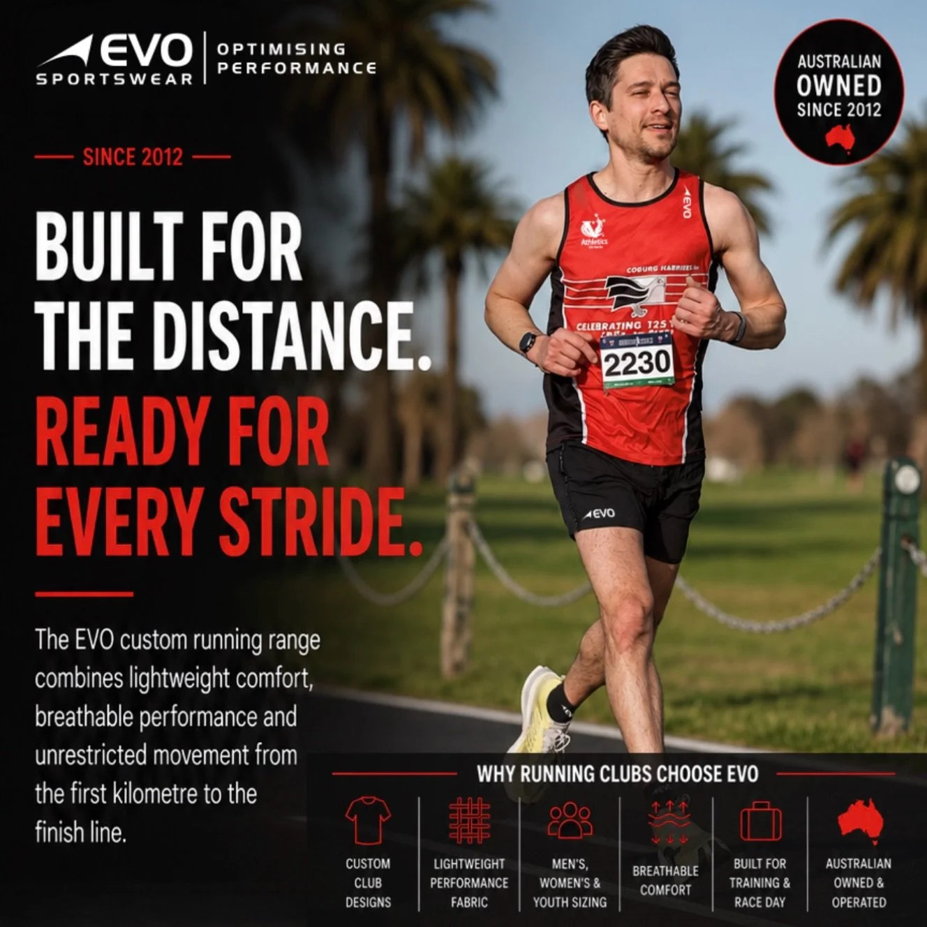 👌🏼 Built for the distance. Designed for performance. 🏃&zwj;♂️🔥

From early morning training sessions to race day, EVO Sportswear delivers custom running apparel designed for comfort, breathability and unrestricted movement.

Whether you&rsquo;re 