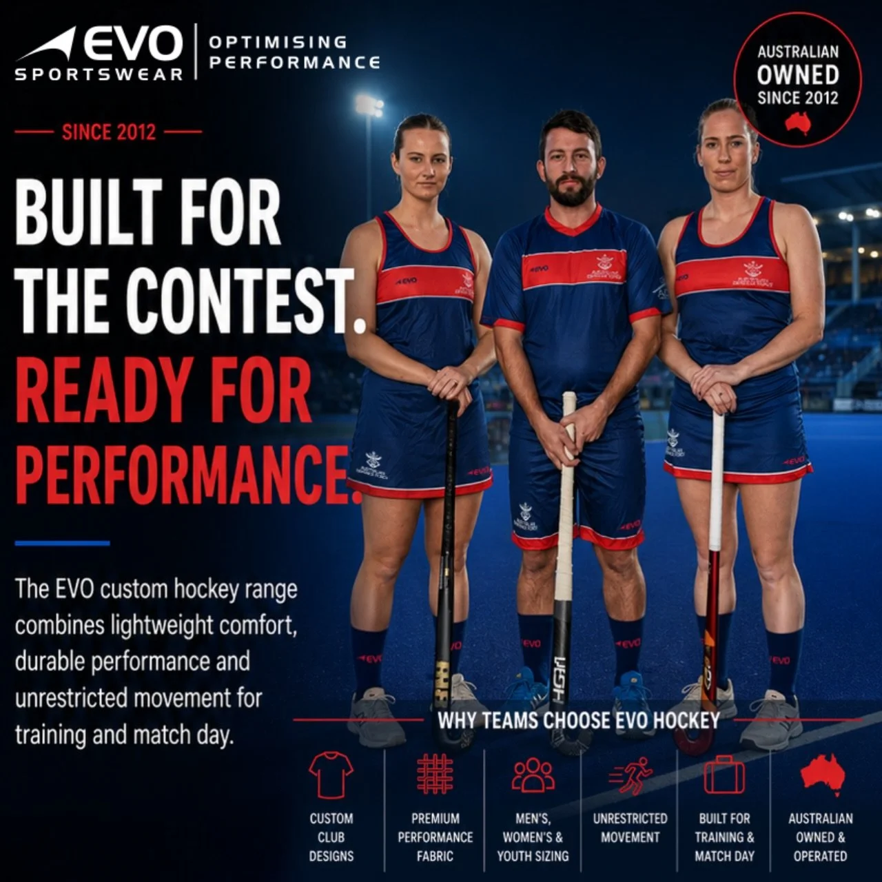 👌🏼 Built for the contest. Ready for performance. 🏑🔥

At EVO Sportswear, we create premium custom hockey teamwear designed to perform at every level. Combining lightweight comfort, durability and unrestricted movement, our gear is built to keep yo