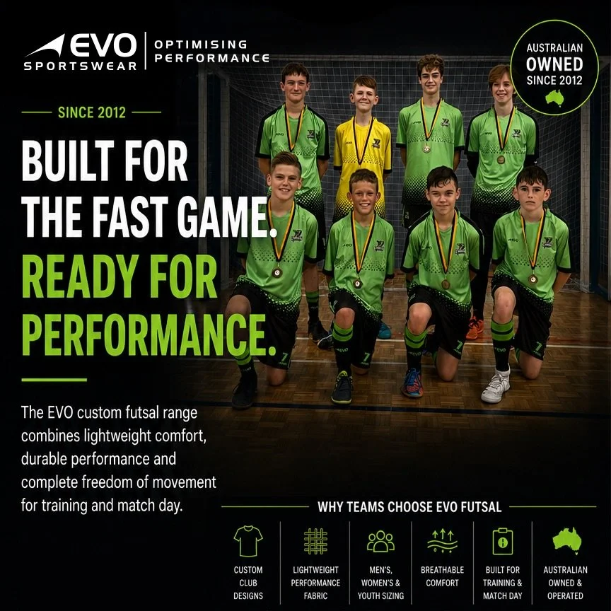 👌🏼 Built for the fast game. Ready for performance. ⚡️⚽️

From training sessions to match day, EVO Sportswear delivers custom futsal apparel designed for comfort, durability and performance.

Elevate your team&rsquo;s look with custom designs built 