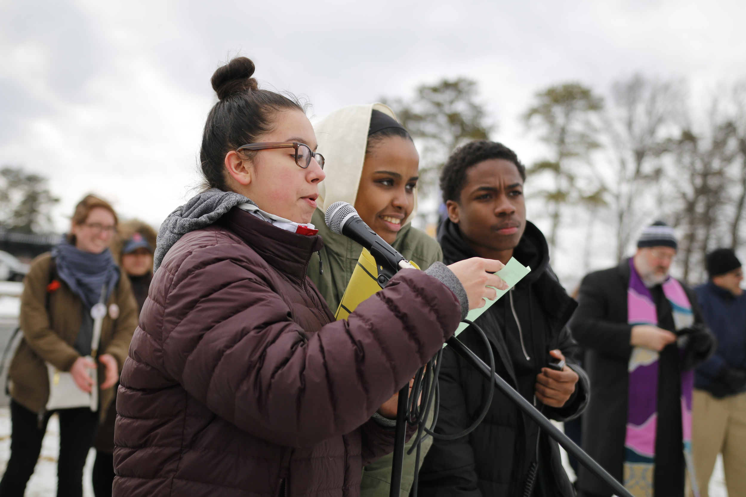B-PEACE for Jorge Campaign Leader Valentina Pedroza testifying at Action at Smith and Wesson in Springfield / photo by Jonathon Leiner, JOIN for Justice