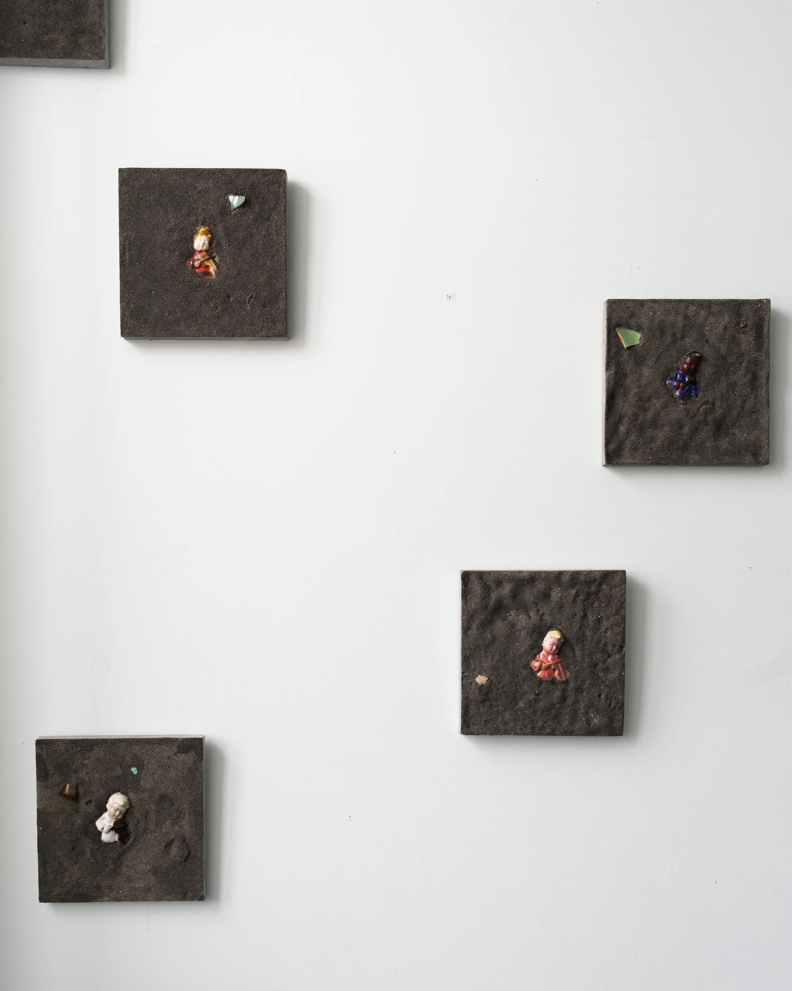 Matter of Belonging (installation) 11” x 11” (each) plaster, tempera, sand, glass, china, watercolor
