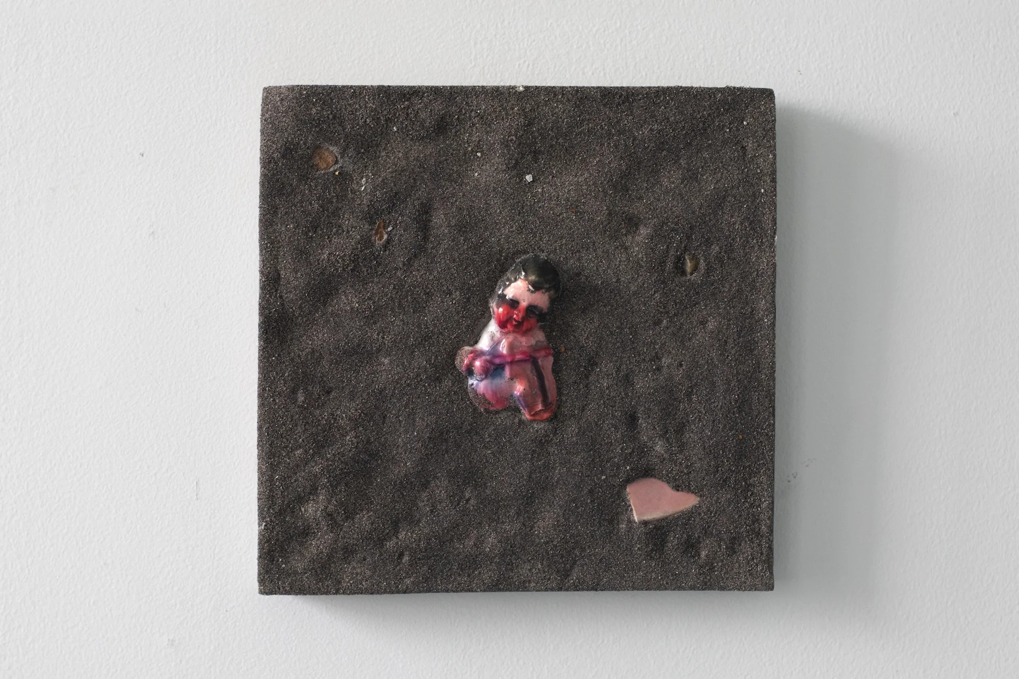 Matter of Belonging (tile, no. 1) 11” x 11” plaster, tempera, sand, glass, china, watercolor