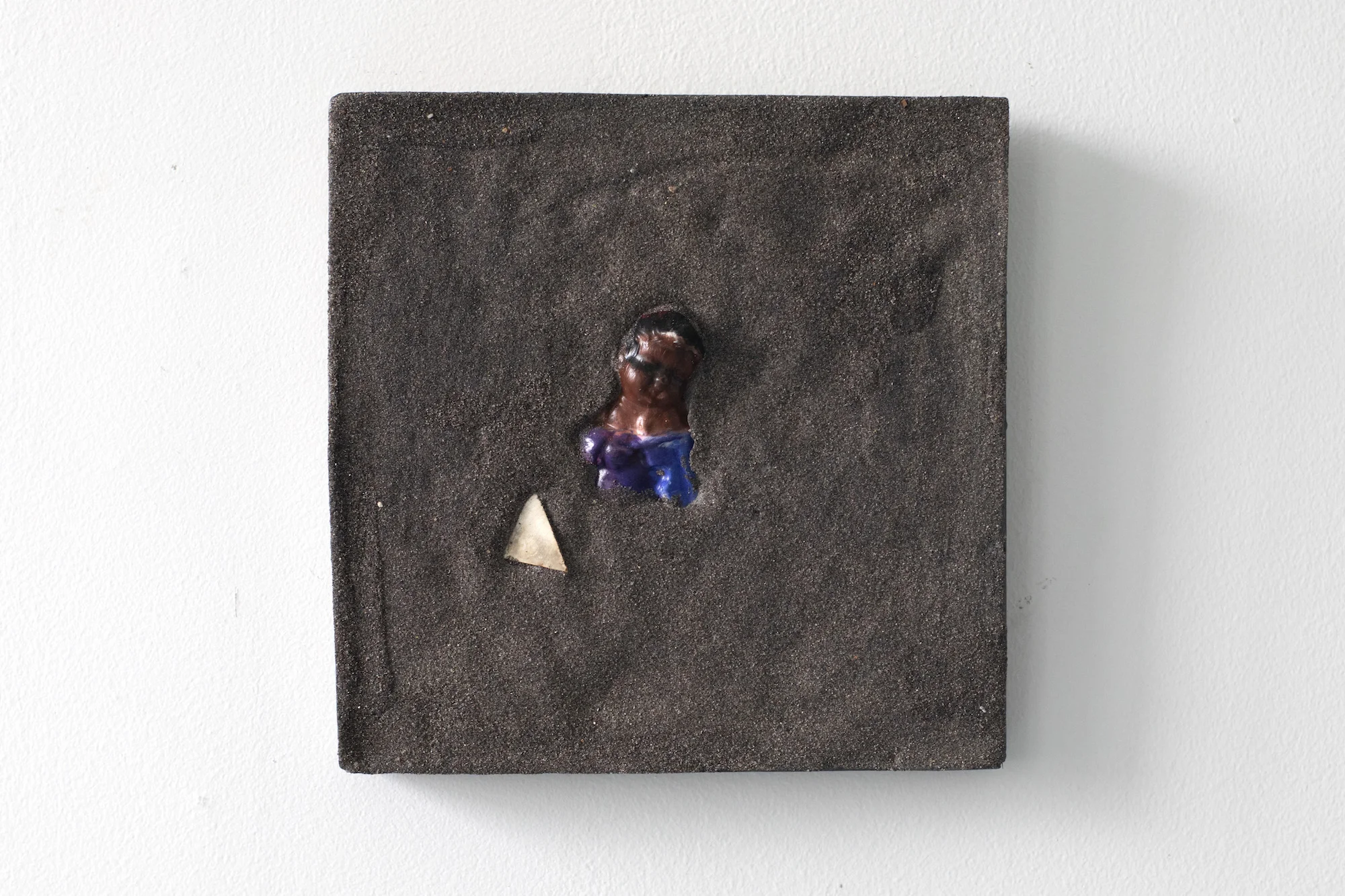 Matter of Belonging (tile, no. 2) 11” x 11” plaster, tempera, sand, glass, china, watercolor