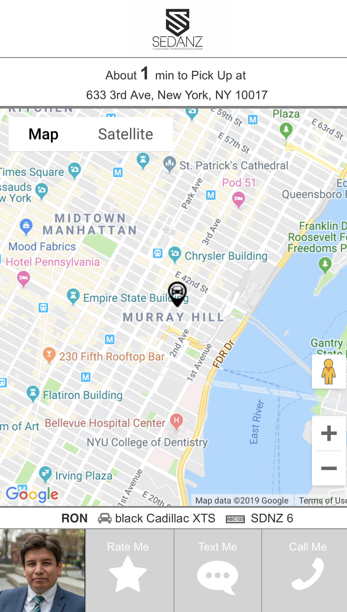 The link will open a secure site displaying chauffeur information such as name, picture, vehicle plate info and current location. You will be able to call, text, even rate your chauffeur