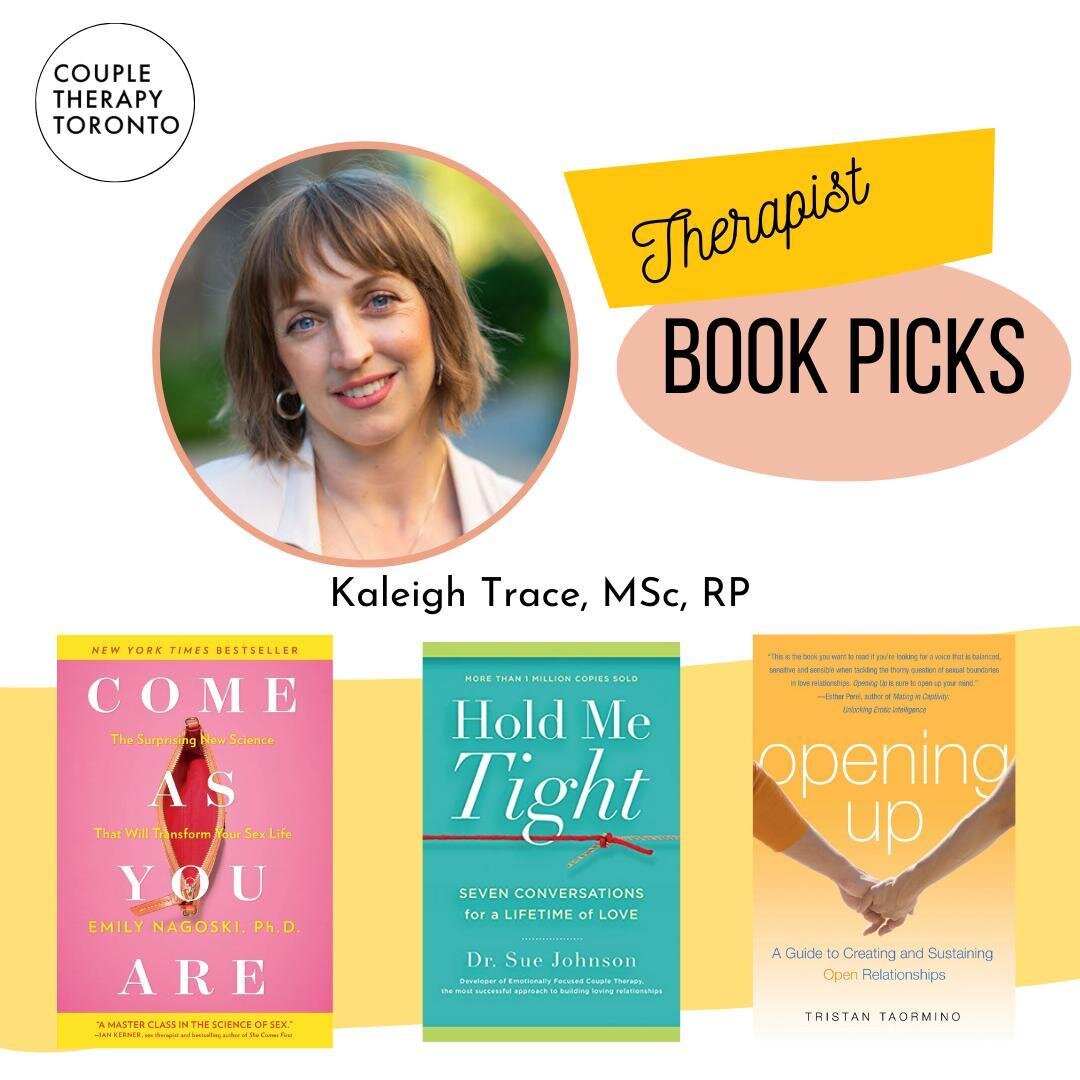 Our wonderful therapist, Kaleigh Trace, shares her favourite books to recommend to clients:⠀
⠀
📕  Come as You Are: The Surprising New Science That Will Transform Your Sex Life⠀
 by Emily Nagoski⠀
⠀
📘  Hold Me Tight: Seven Conversations for a Lifeti