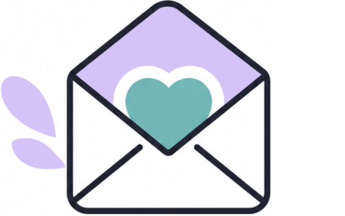 Illustration of an open envelope with a teal heart inside.