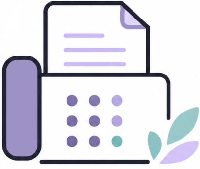 Illustration of a landline telephone with a sheet of paper and decorative leaves.