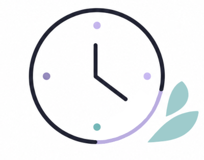 Illustration of a minimalist clock with decorative leaves at the bottom right.