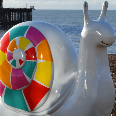 Geronimo, the mascot snail, chilling out on the seafront
