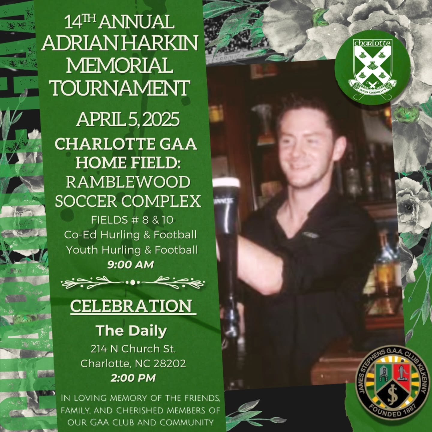 Our 14th Annual Adrian Harkin Memorial Cup will be held this Saturday, April 5th 🏆🏐🏑

This event will include co-ed games to serve as our club kickoff and is a day we play to honor those who previously represented Charlotte GAA

⏰️Time: 9am - 12pm