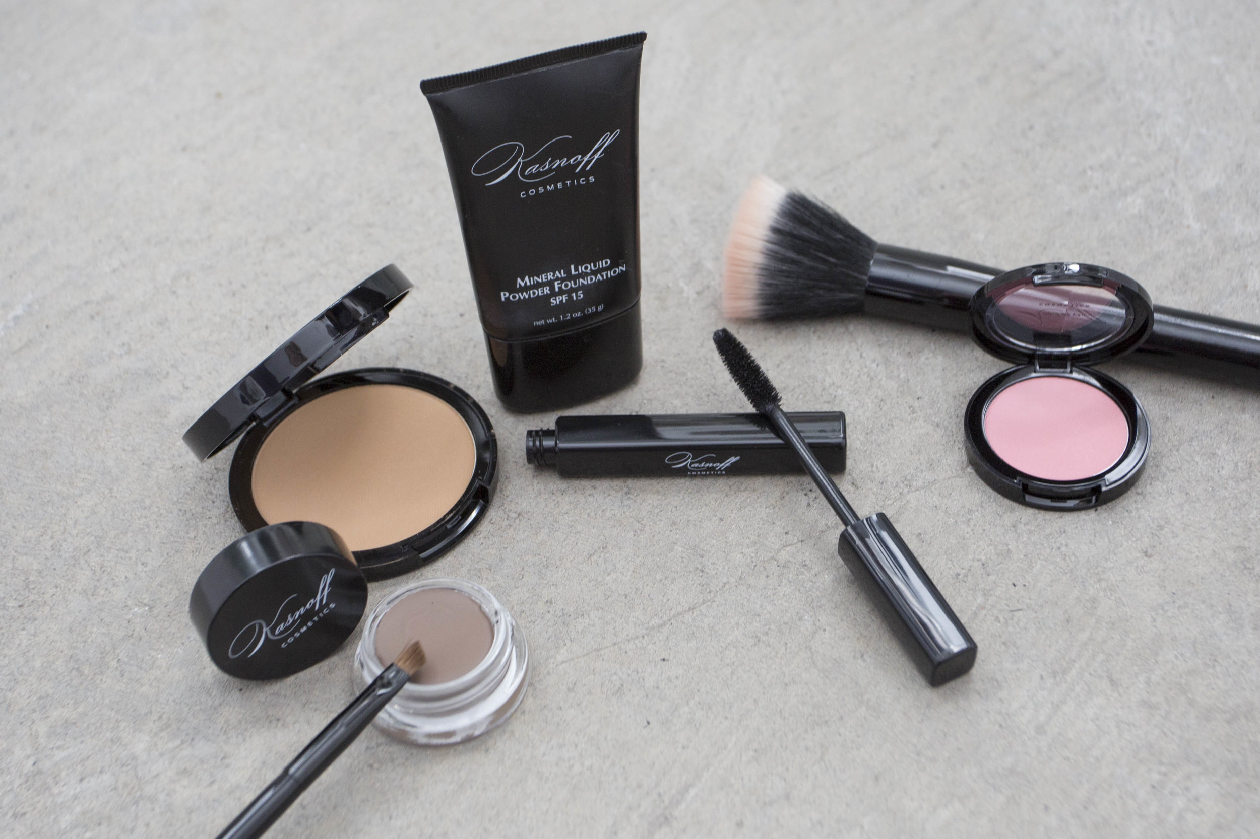 From left to right: brow balm & definer brush, mineral pressed powder, liquid mineral foundation, lush mascara, mineral matte blush.