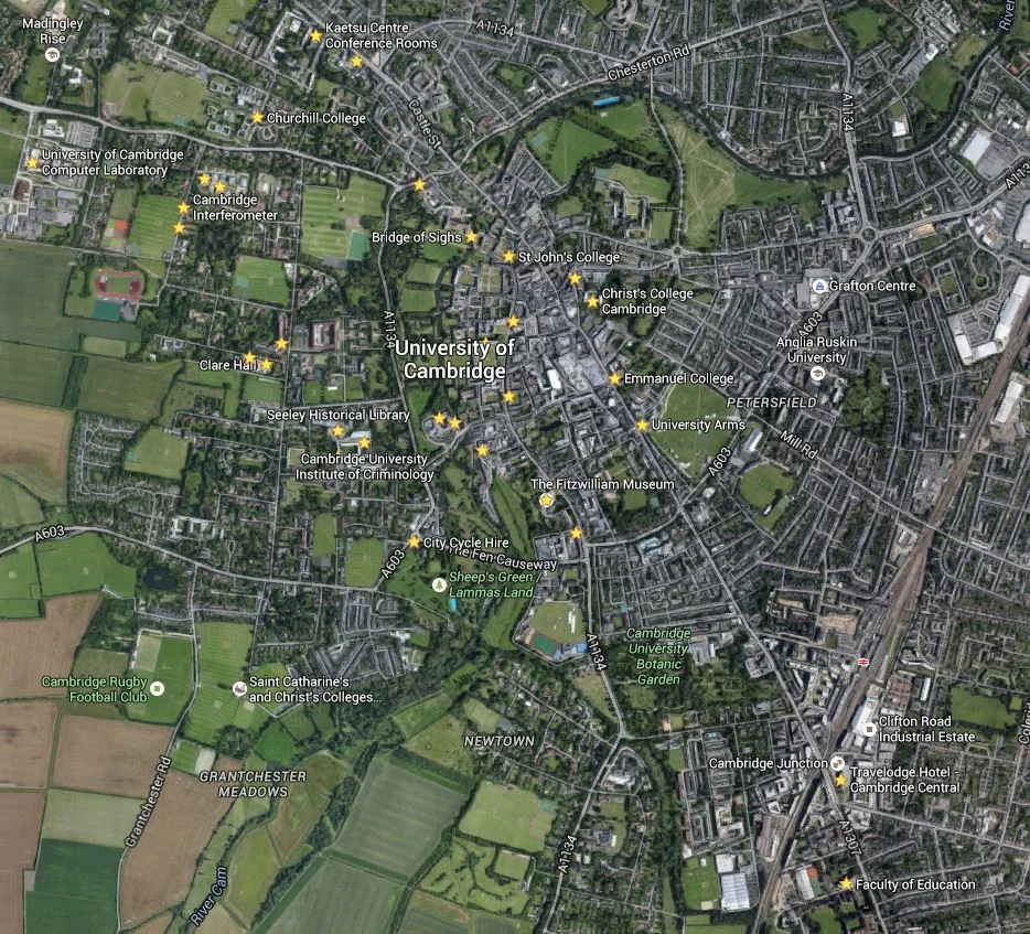 Places I wanted to Visit in Cambridge for the day not as advanced as Adrian's map log 