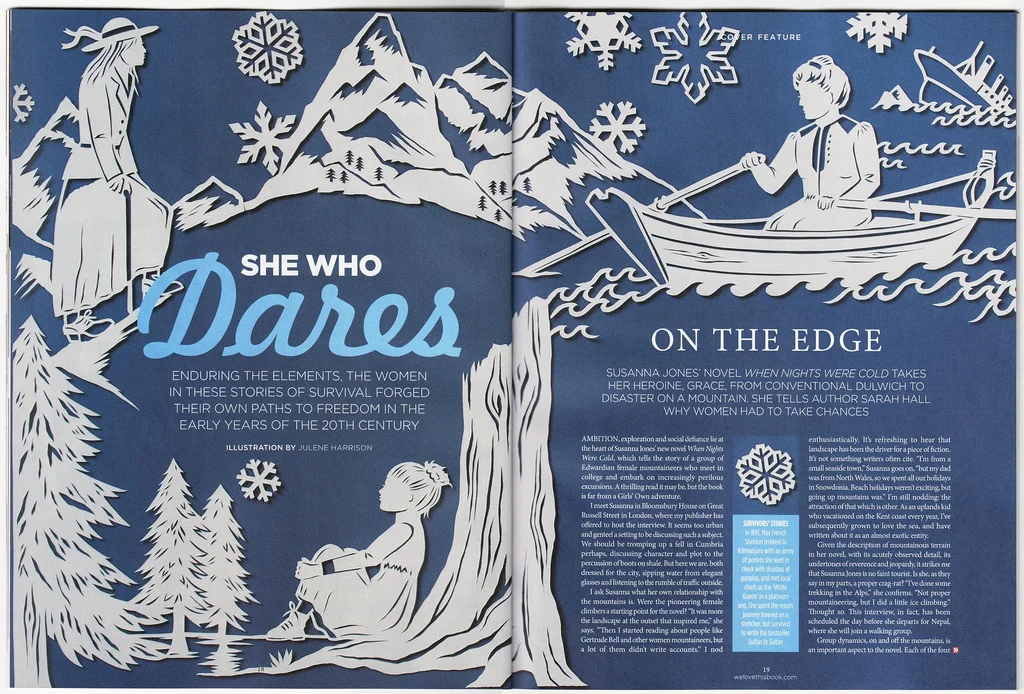 Adventurous women magazine spread, papercut illustration