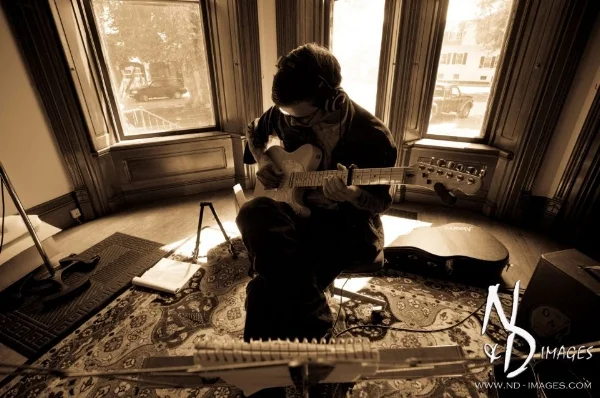 Laying down leads for "Wandering Time" on a nice old and borrowed Fender Telecaster, at the Kimball Jenkins Estate in Concord. Photo by: Nate Dean / N&amp;D Images