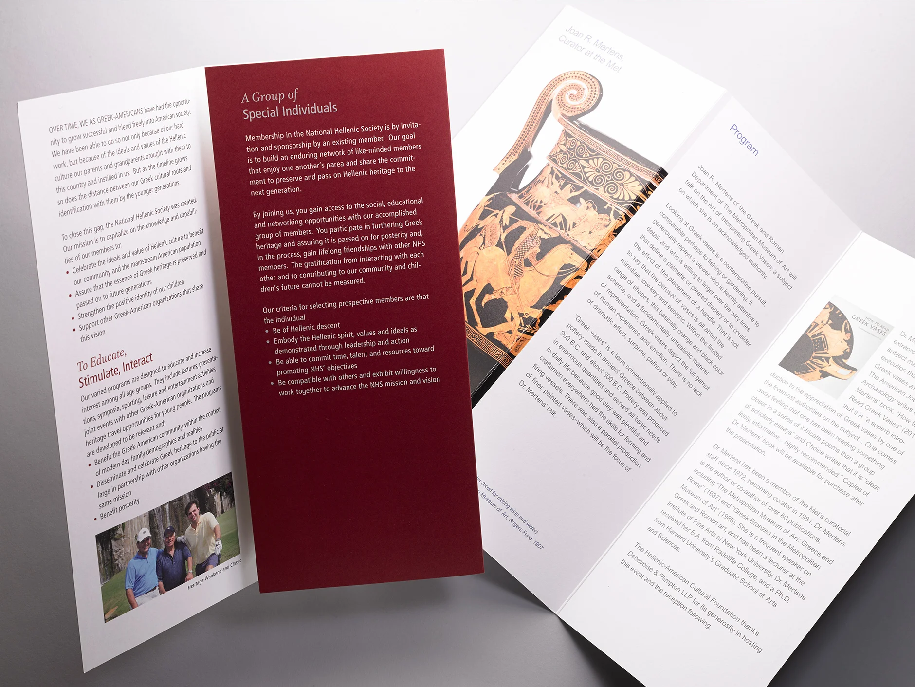 Hellenic-American Cultural Foundation Program Designed and printed by Inkwell, this is part of a corporate brand we created for the Hellenic-American Cultural Foundation. The three-panel program was for a presentation on the art of Greek vases. It was printed digitally on a smooth uncoated cover stock and the inside panels feature a critical crossover image of an ancient Greek vase.