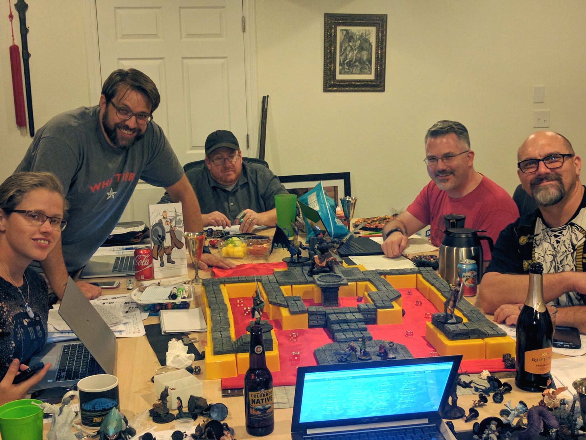 Our gaming group in its natural habitat as we wrap up Rise of the Runelords. From left to right: Monica, Morgan, Scott, Lee and Peter. 