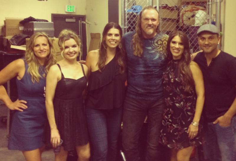 (l. to r.) - Farewell Angelina's Nicole Witt, Andrea Young and Lauren Lucas, Trace Adkins, Farewell Angelina's Lisa Torres and drummer David Rollins backstage at Thunder Mountain Amphitheatre in Loveland, CO.