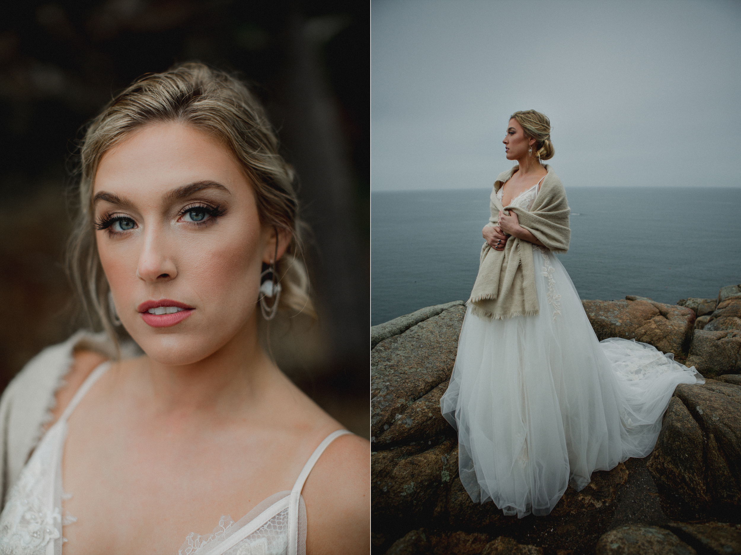 Rocky coast bride rainy day Acadia National Park wedding