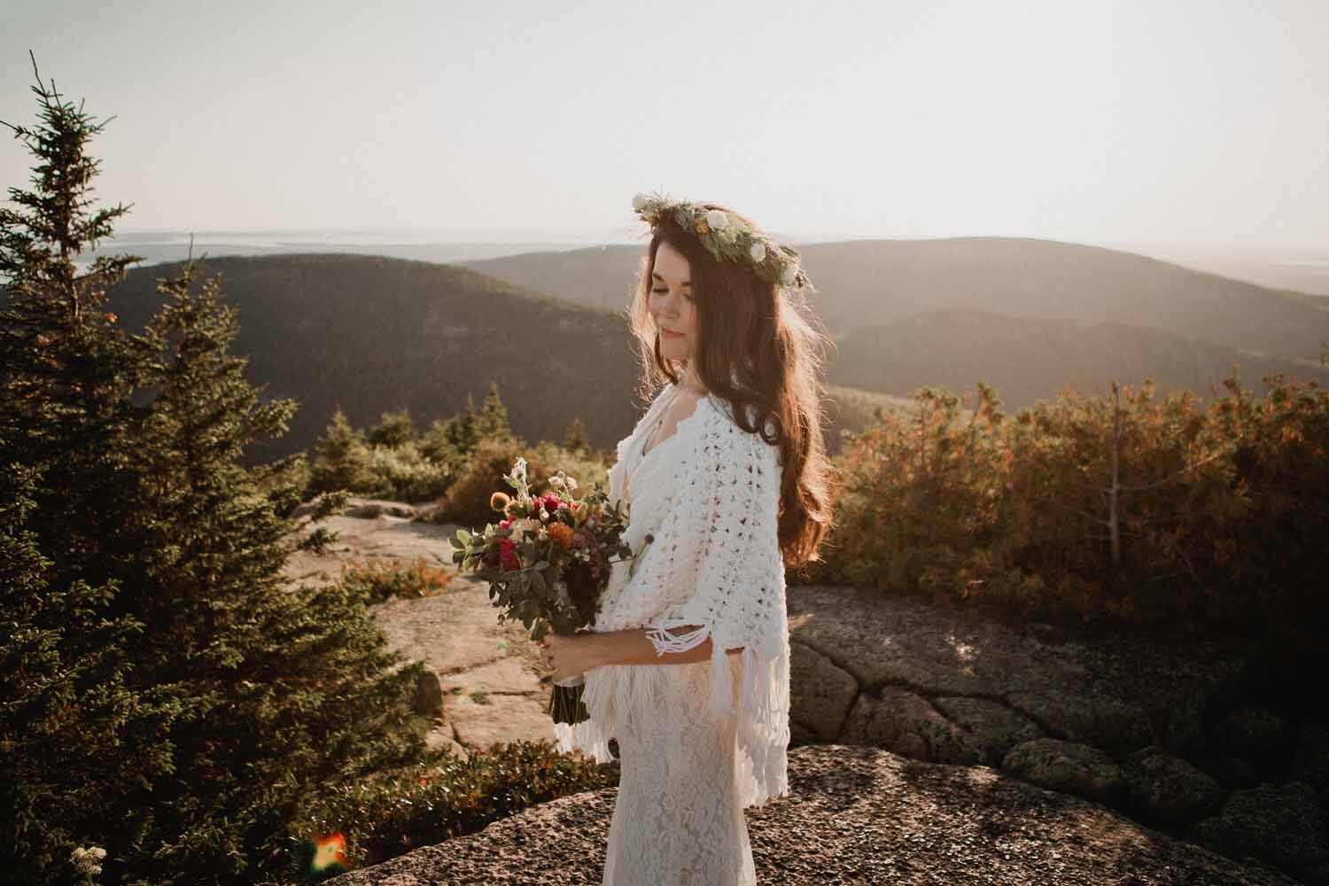 Golden hour bride in Acadia on Cadillac Mountain