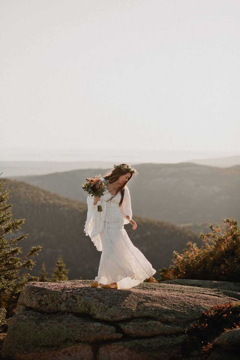 Sunset elopement in Acadia bride