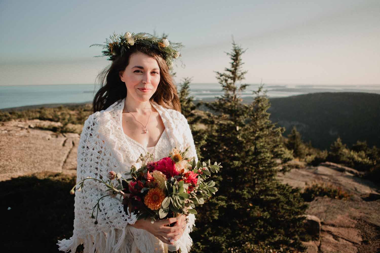 Bohemian bride on Cadillac Mountain