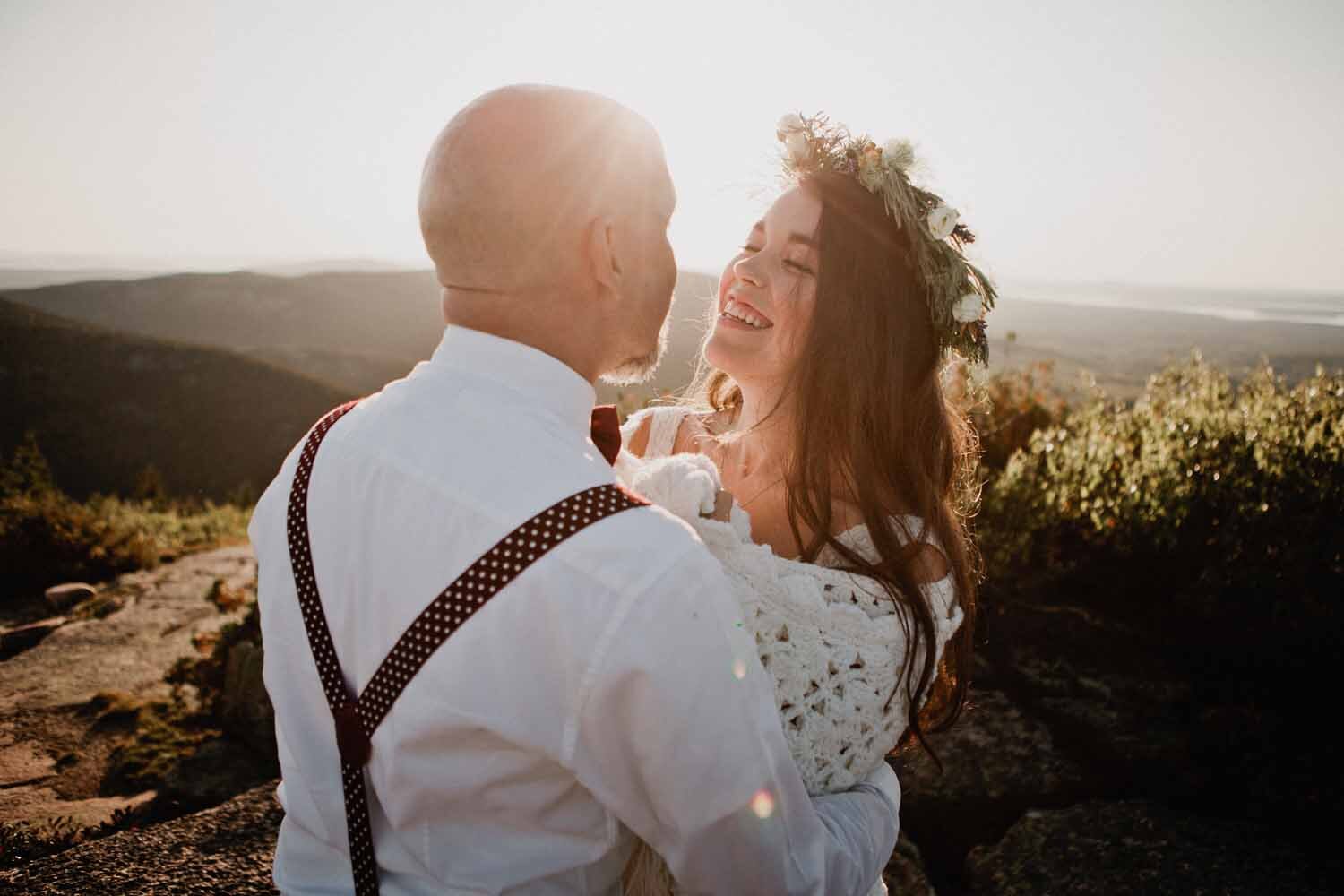 Golden hour couple wedding in Acadia on Cadillac Mountain