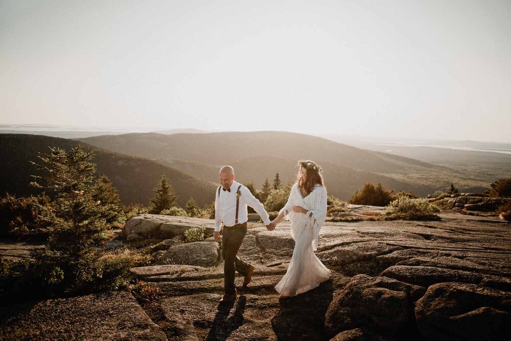 Wedding photo on Cadillac Mountain at sunset