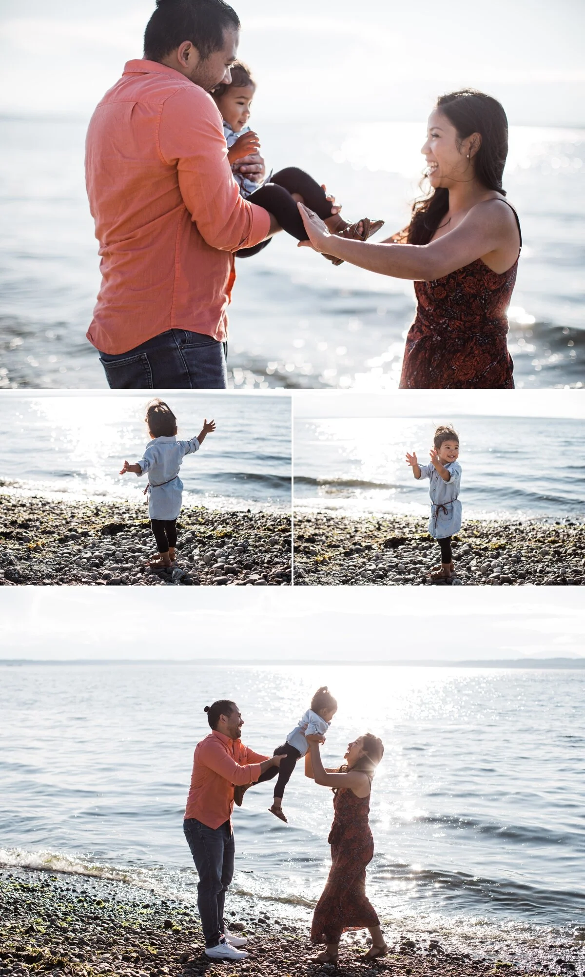 Two year old with parents in family photos at golden hour seattle beach session by elena s blair photography