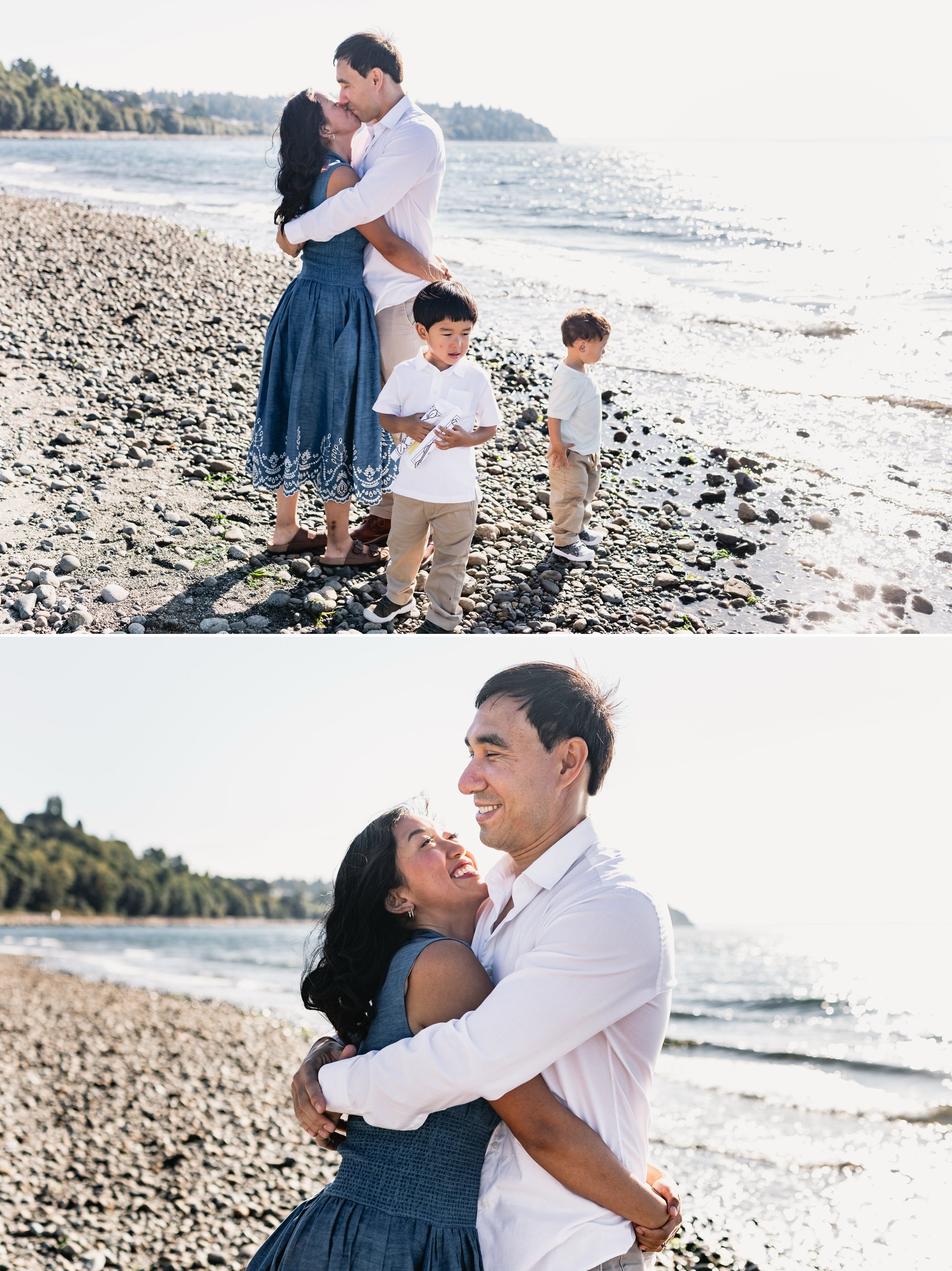 A beautiful family moment by the beach. The parents embrace each other lovingly while the children walk along the shoreline, with one little one chasing after them in the soft light of a sunny day, creating a perfect family portrait.