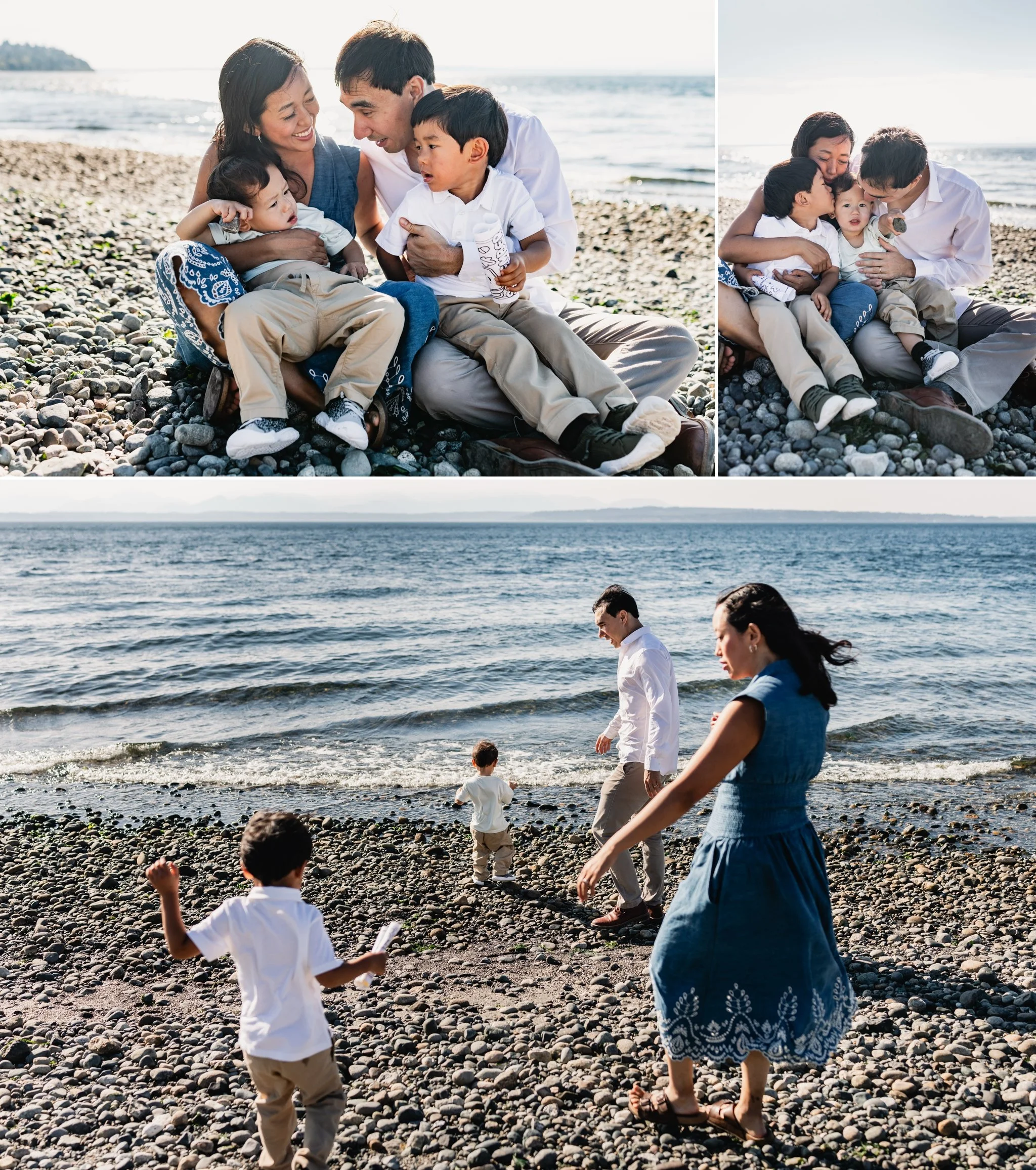 A joyful family enjoying a day at the beach. The parents and their two children share loving moments as they sit together on the rocky shore, while the kids play near the water's edge, creating memories against the stunning backdrop of the ocean