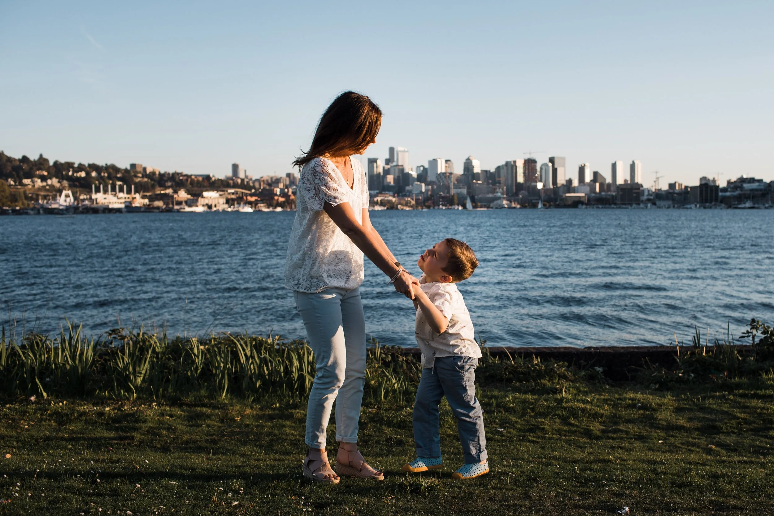 Seattle family photography, Gas Works Park industrial machinery, family portrait with dog, urban park session, Seattle landmark photography.