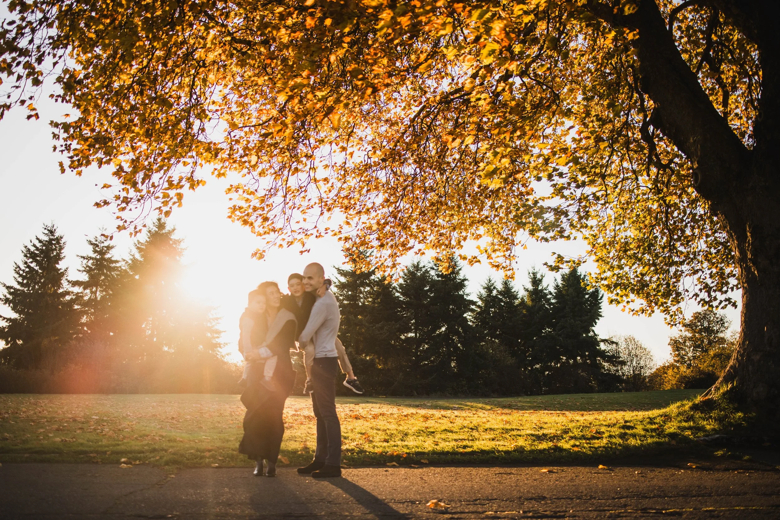 Discovery Park sunset session for Seattle family photography featuring a family silhouetted under a massive autumn canopy.