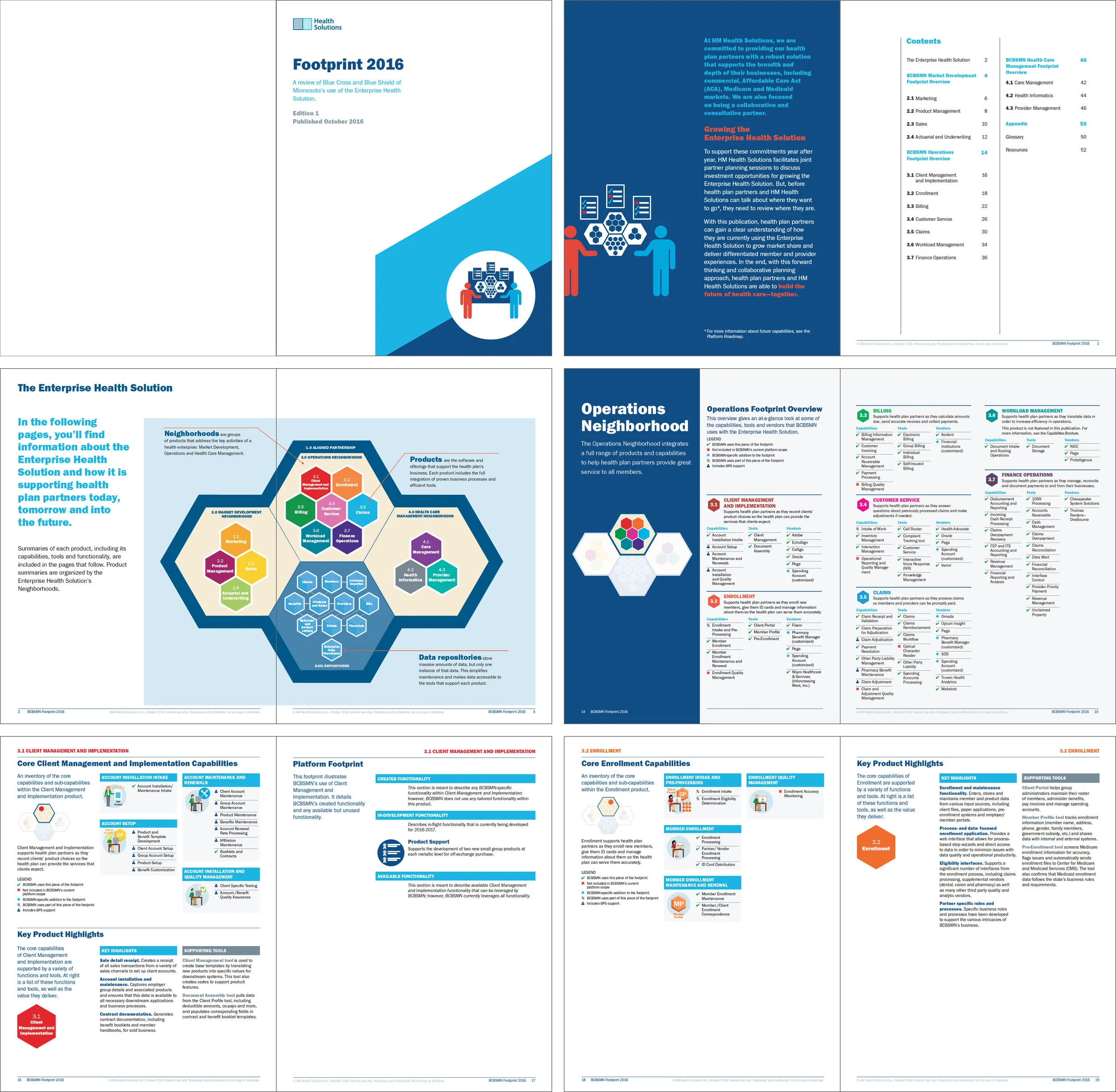 Sample pages of dynamic publishing generated using templates. Icons, vignettes and the graphic cues are highlighted in gray bands.
