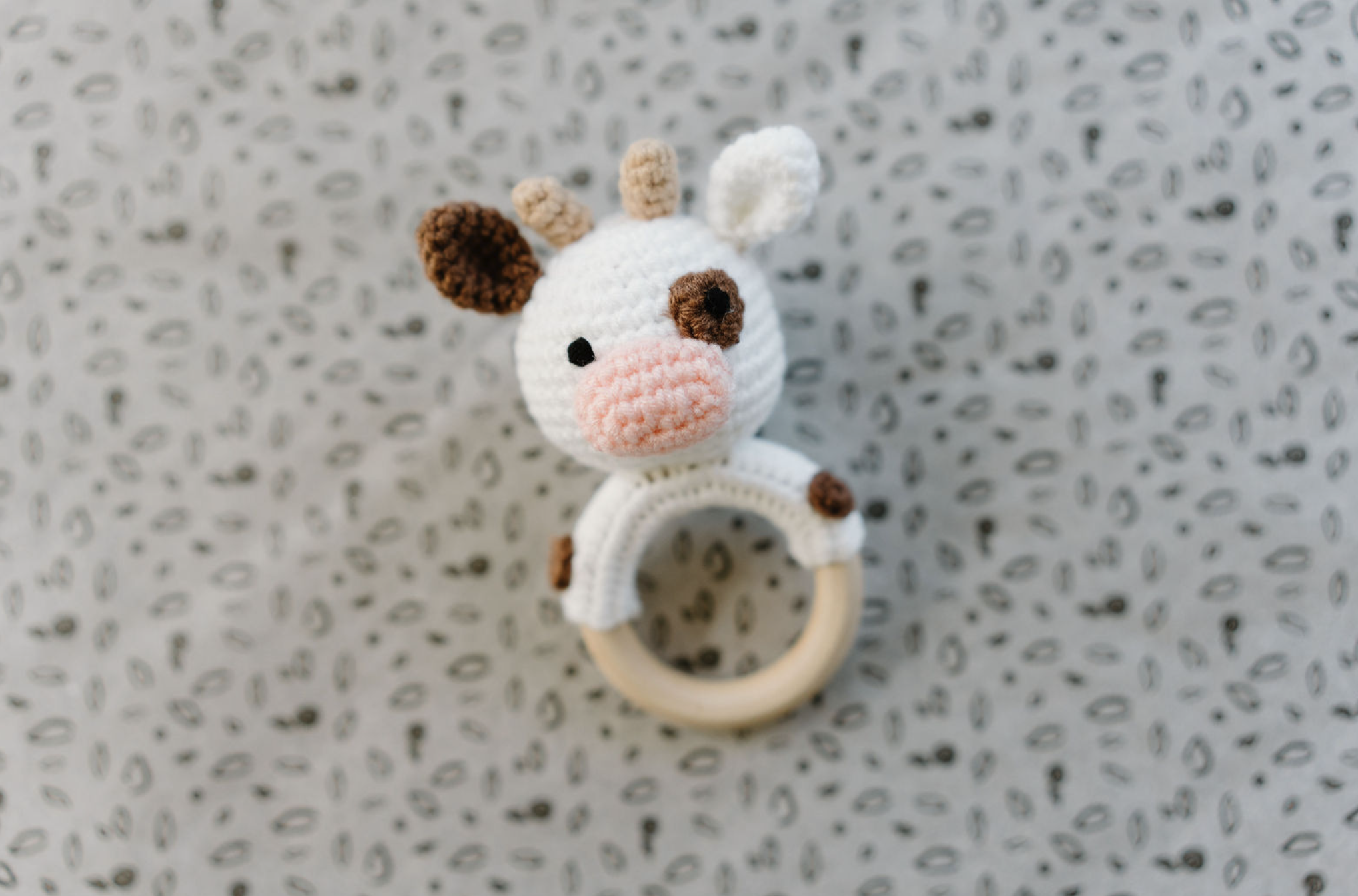 Knitted White Cow Hand Crochet Rattle