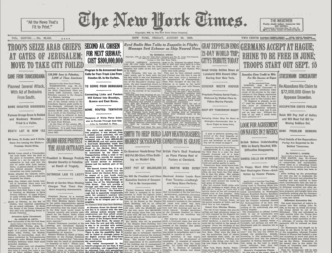 The New York Times - Friday, August 30, 1929 (Image: courtesy of The New York Times)
