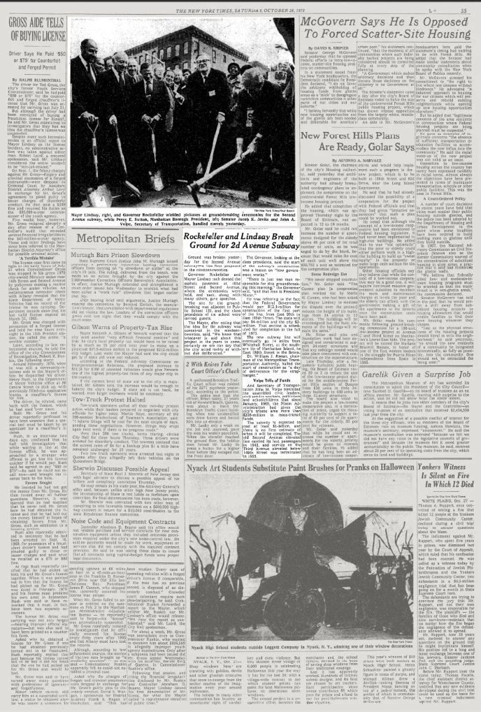 David Rockefeller and New York City's Mayor Lindsay Break Ground for 2d Avenue Subway. Ground was broken yesterday for the Second Avenue subway — a line first proposed in the nineteen-twenties. ( The New York Times, October 28, 1972. Image courtesy: The New York Times )