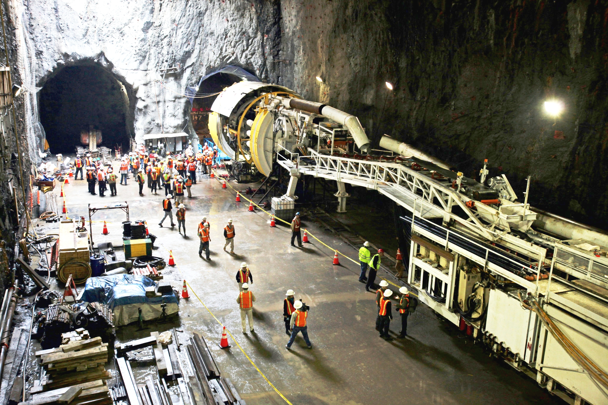 The M.T.A. launched a tunnel boring machine to dig the first phase of the Second Avenue subway at 92nd Street and Second Avenue in May 2010. CREDIT: RICHARD PERRY/THE NEW YORK TIMES