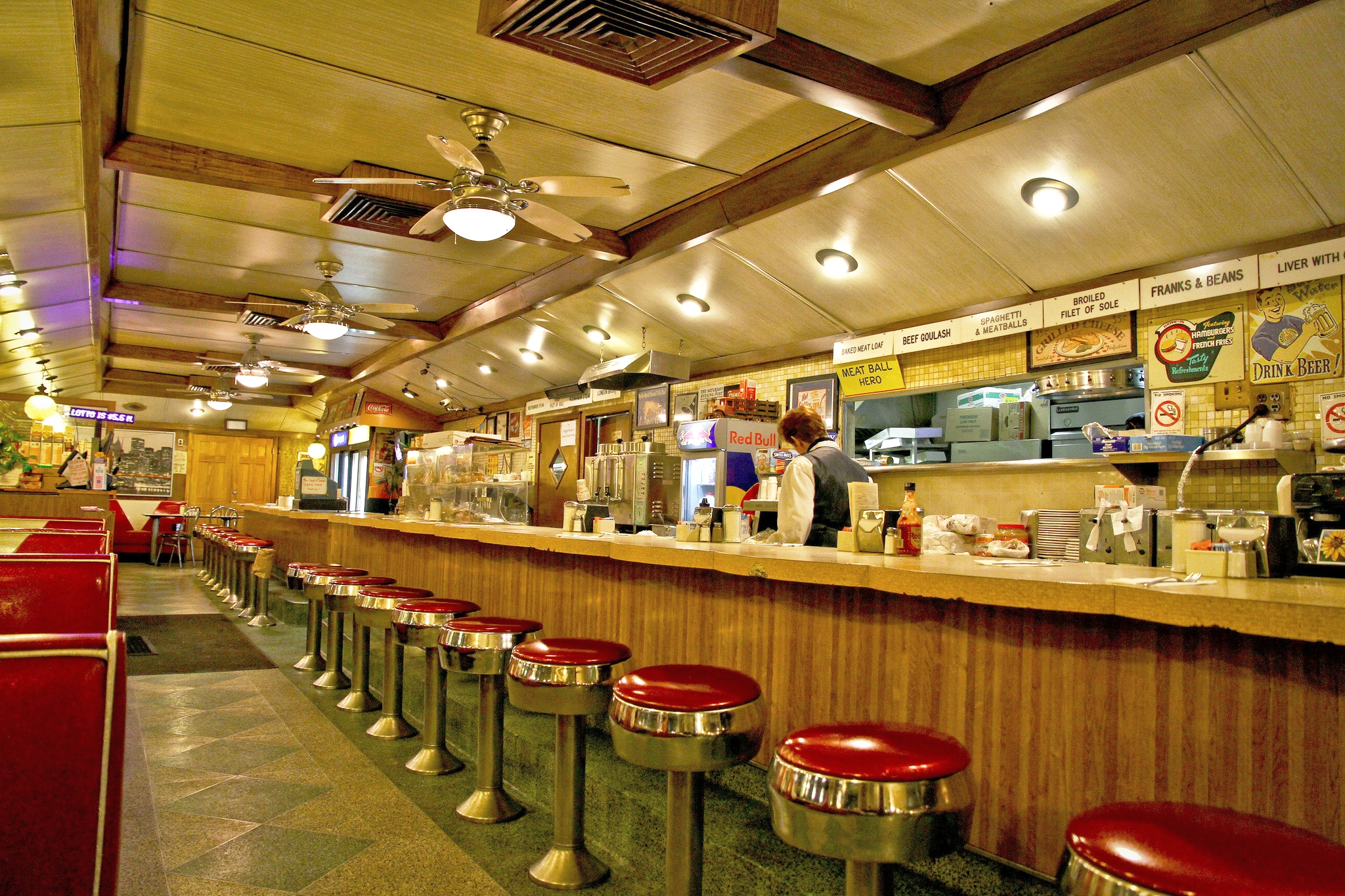 Chrome & neon accented eatery offering familiar diner fare & all-day breakfast in throwback digs at 5626 Maspeth Ave, Queens, NY | Open 24 hours | Phone (718) 894-1566