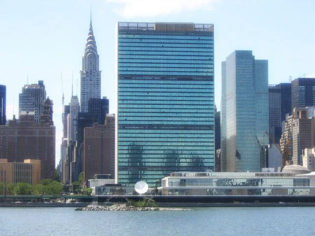 The tiny U Thant Island, United Nations building, and the Chrysler Building