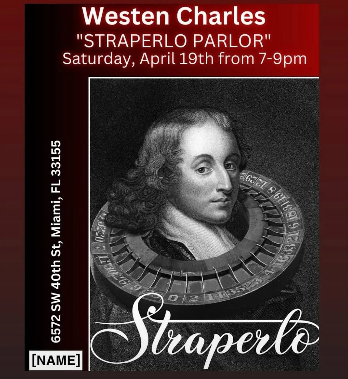 @westen_charles STRAPERLO PARLOR @name_publications tomorrow night, Saturday from 7-9PM
