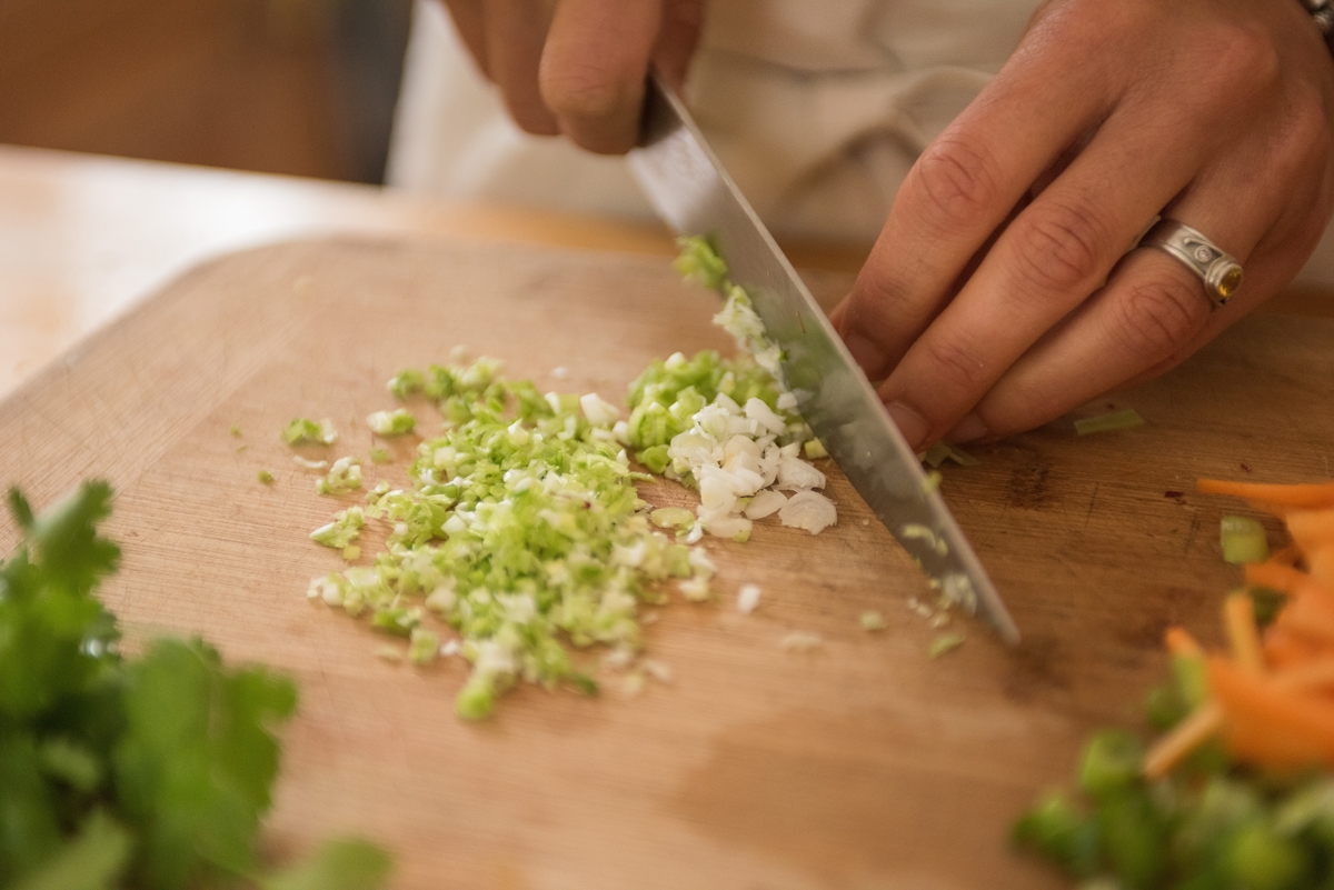 Chopping green garlic