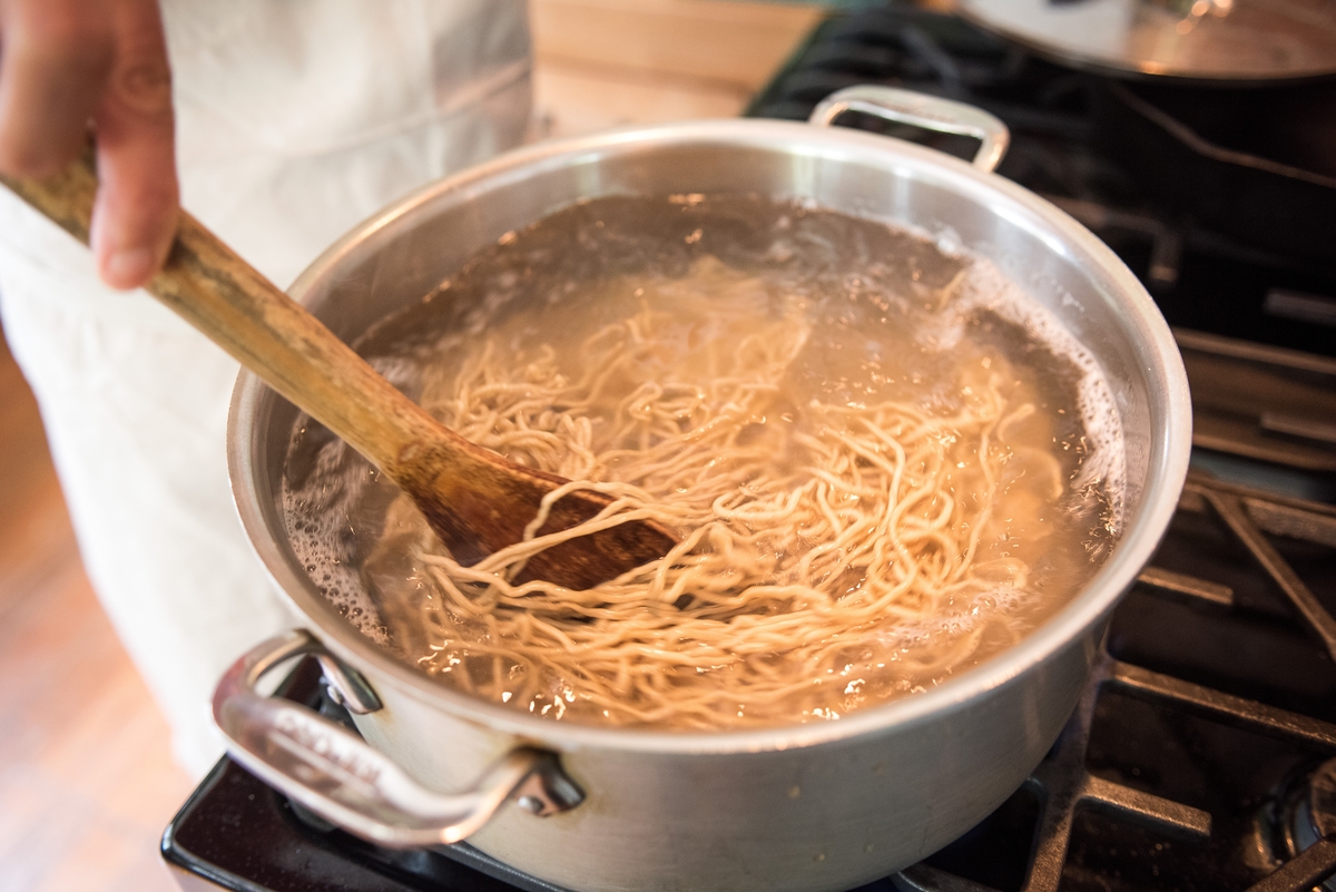 Boiling Umi Organic fresh ramen noodles