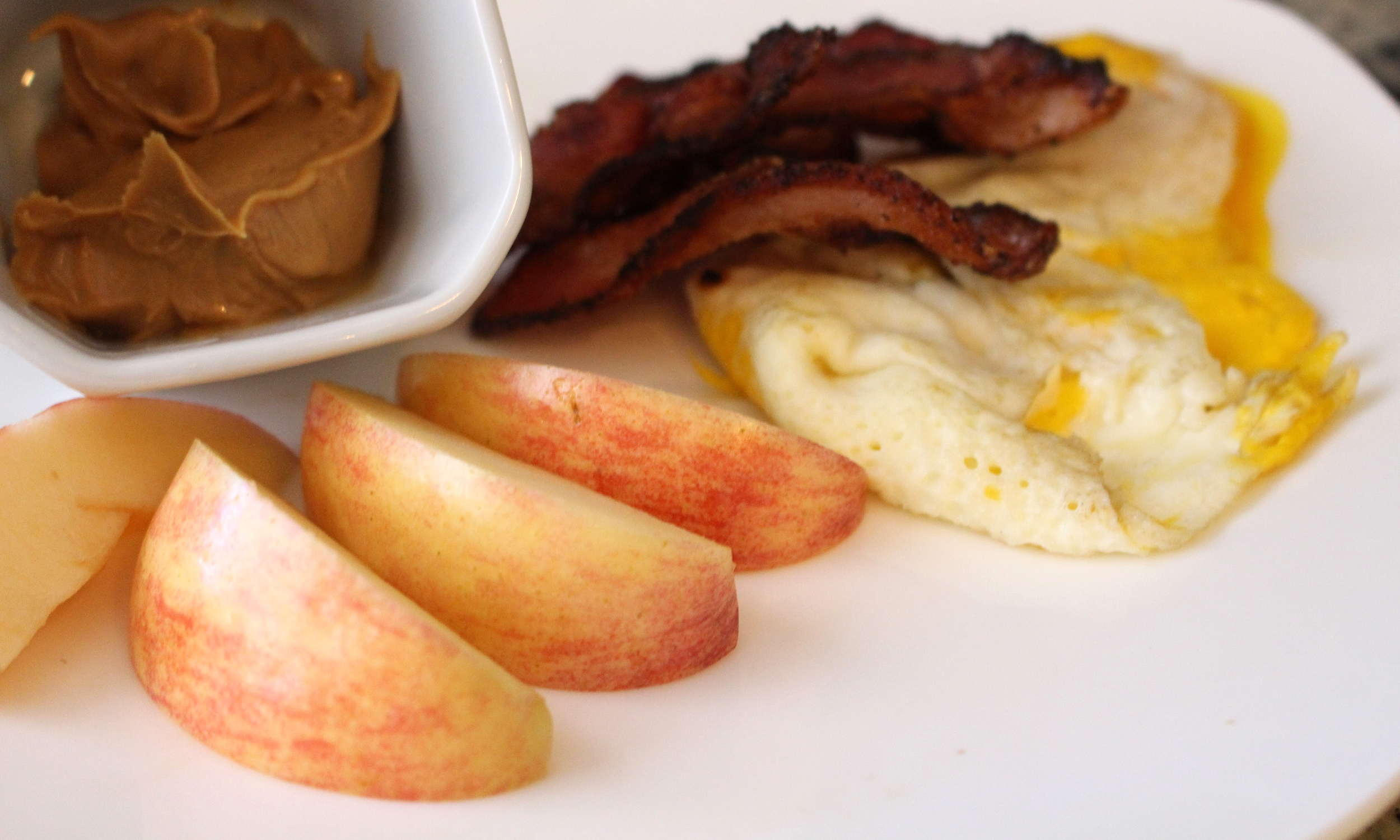 Breakfast of a Champion! Farm Fresh Eggs, Peppered Nitrate Free Bacon, Gala Apple, Fresh Grinded Peanut Butter
