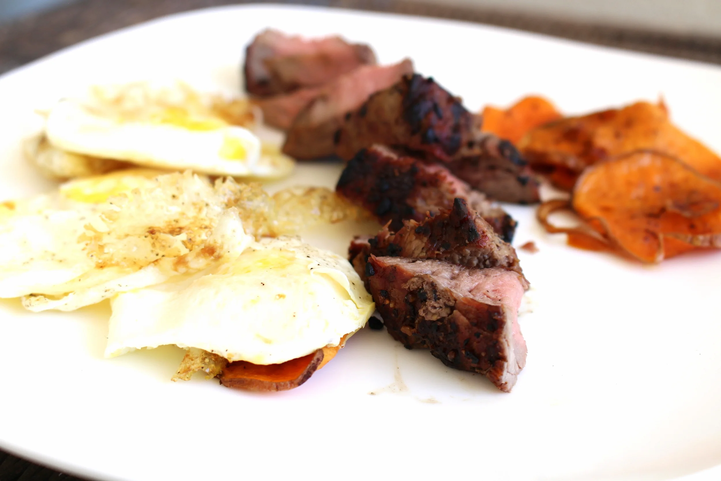 Bfast! Over Medium Eggs, Steak, Sweet Potatoes Sautéed in Olive Oil